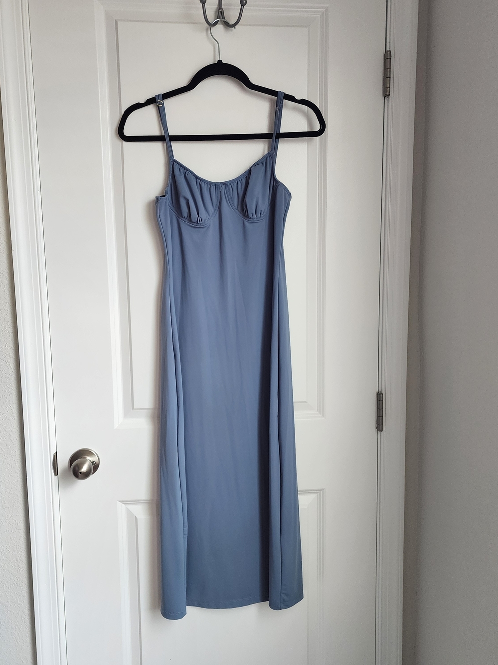 Danielle Bernstein WeWoreWhat Dusty Blue Midi Slip Dress